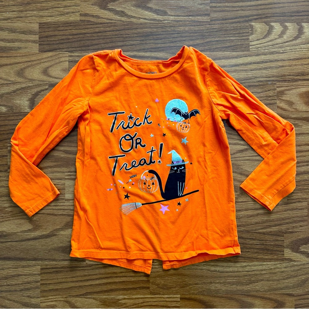Carter’s Kids Halloween Girls Size 8 Long Sleeve Shirt Orange Glitter Cat EUC!